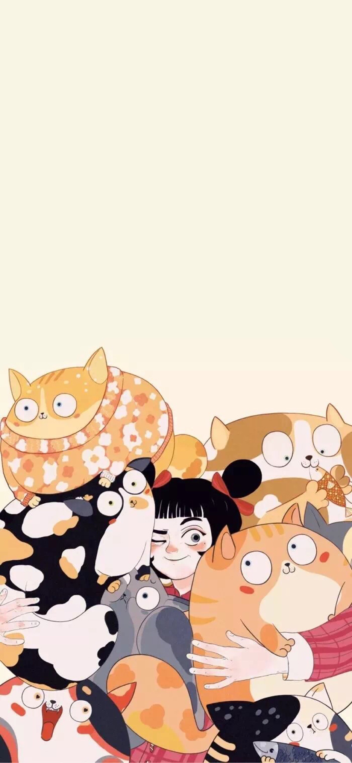 [2436×1125]卡通 少女 猫咪 密集 苹果手机动漫壁纸图片