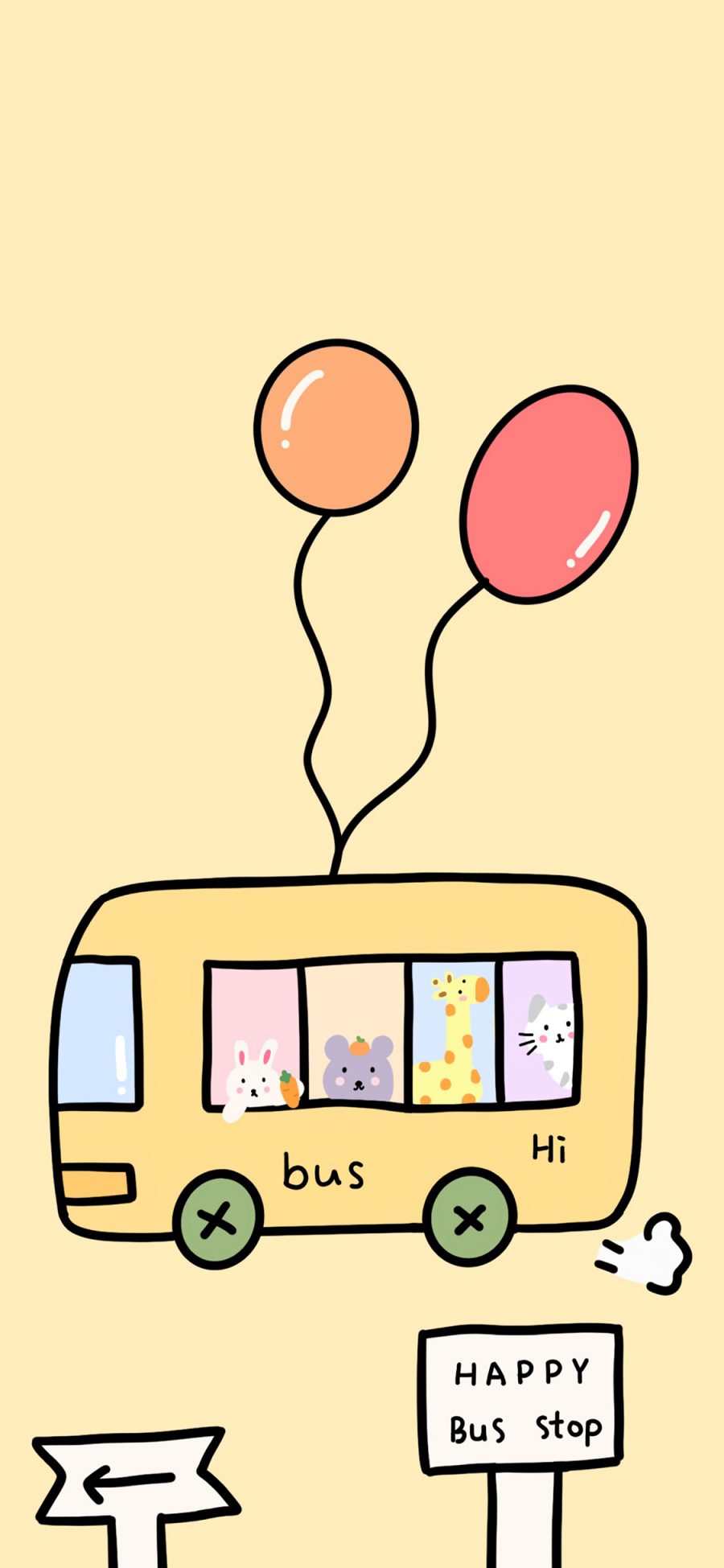 [2436×1125]卡通 巴士 兔子 长颈鹿 气球 黄色 苹果手机动漫壁纸图片