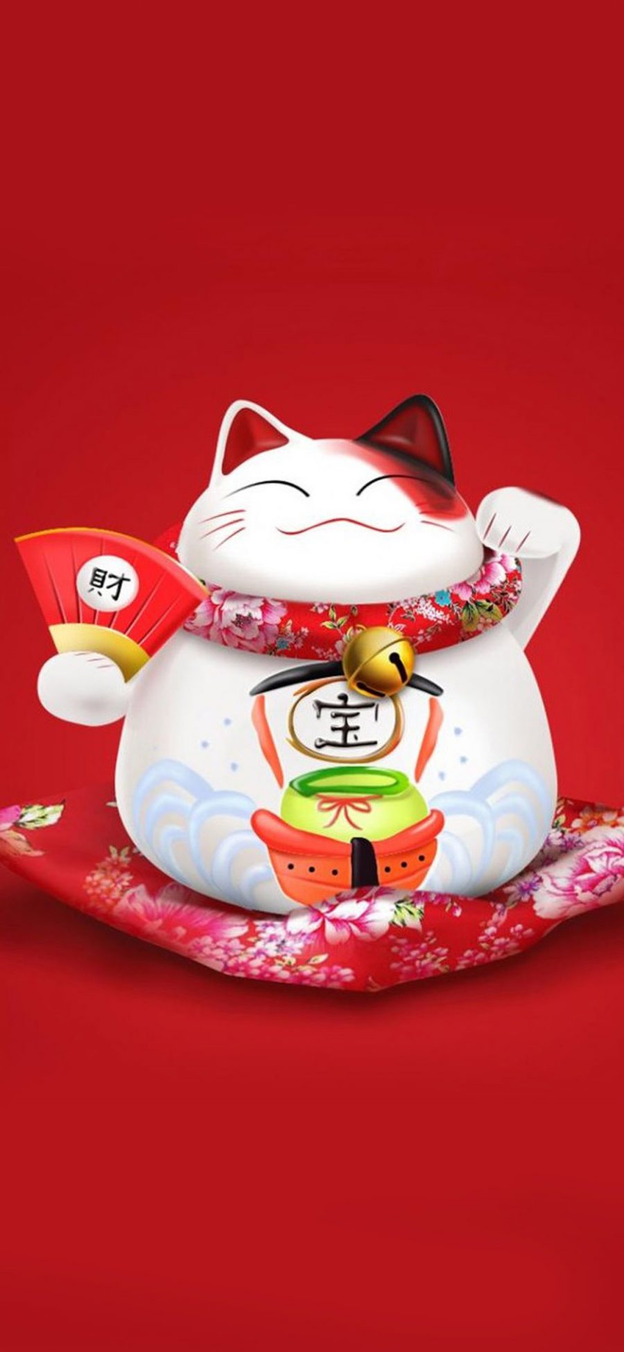 [2436×1125]卡通 招财猫 可爱 萌 红色 漫画 苹果手机动漫壁纸图片