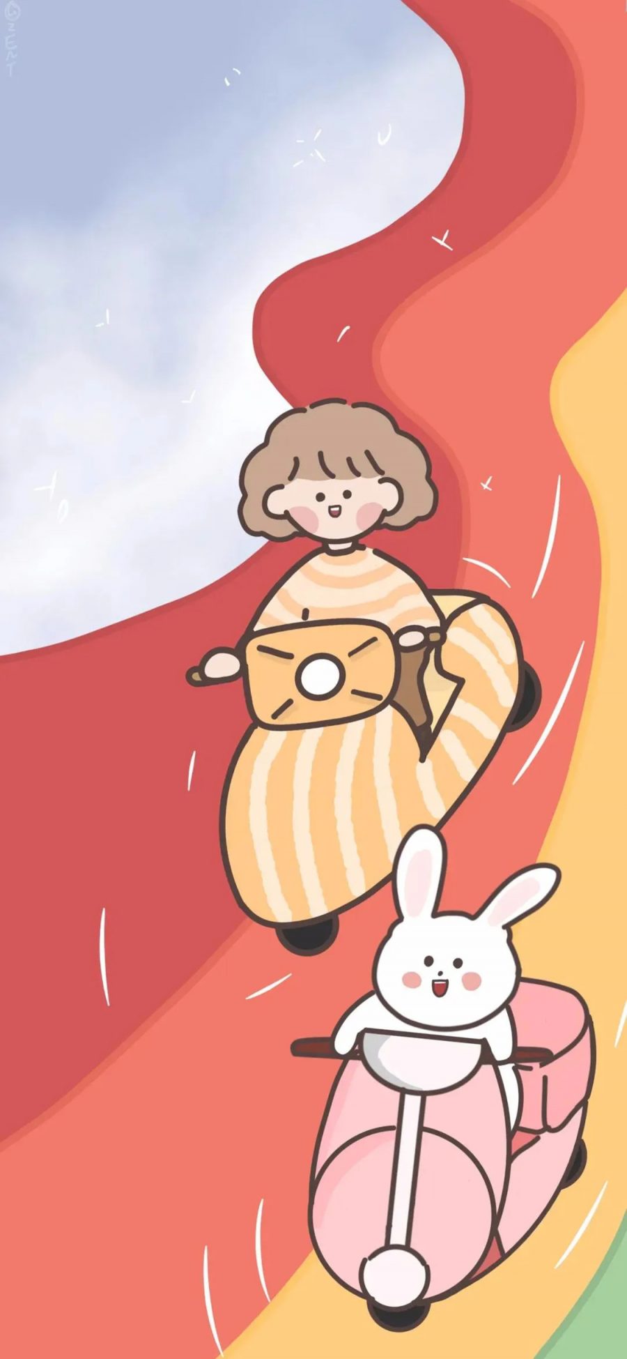 [2436×1125]卡通 插图 女孩 兔子 彩虹 苹果手机动漫壁纸图片