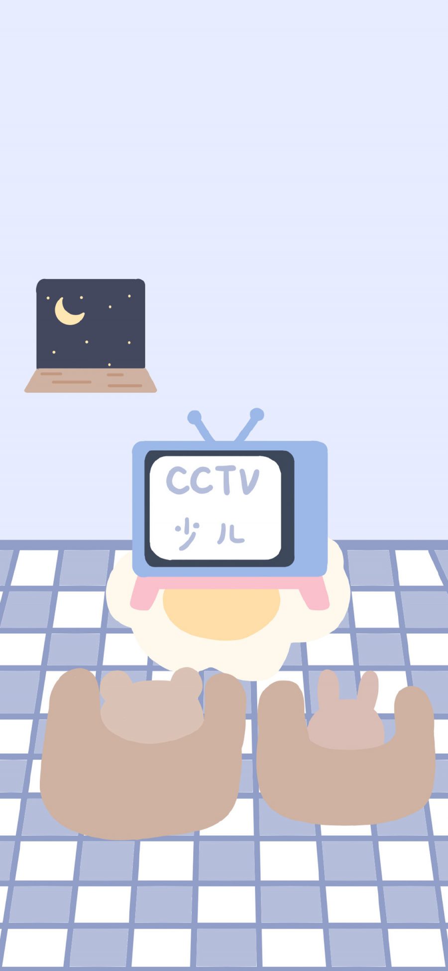 [2436×1125]卡通 插图 小熊 兔子 看电视 CCTV 苹果手机动漫壁纸图片