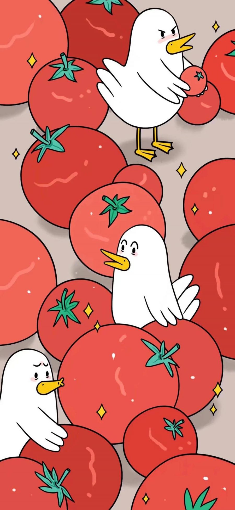 [2436×1125]卡通 插图 番茄 白鸭 苹果手机动漫壁纸图片