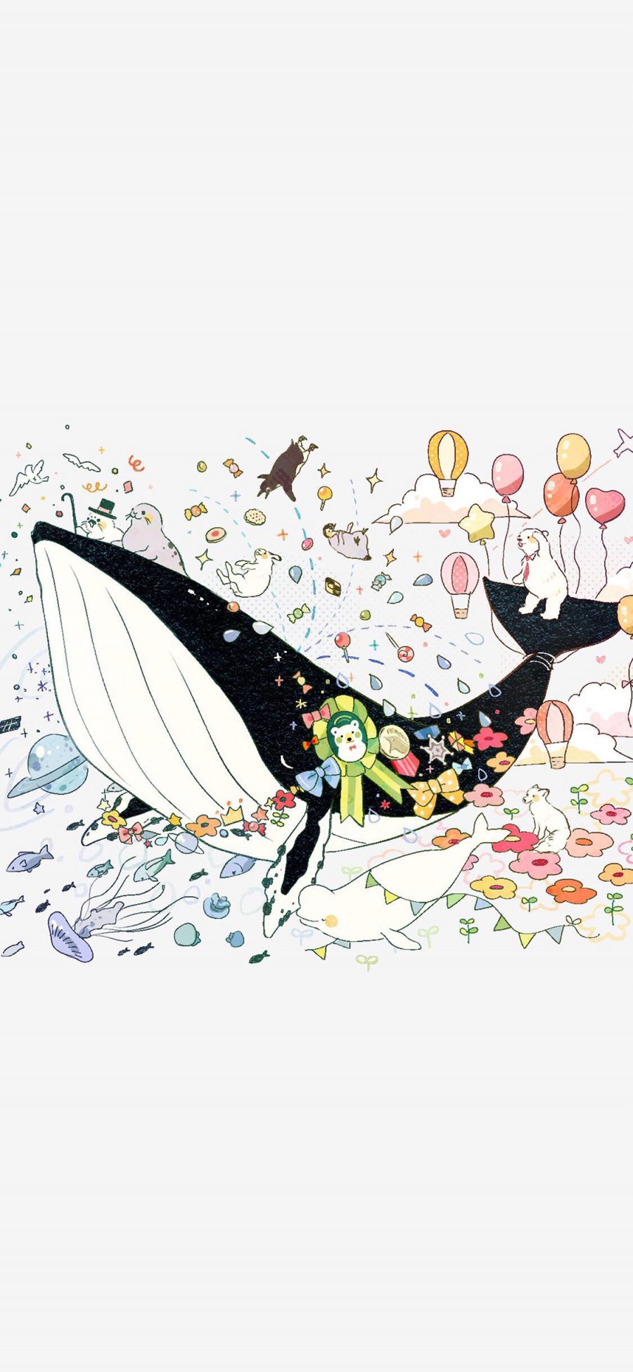 [2436×1125]卡通 插图 鲸鱼 海豚 童趣 苹果手机动漫壁纸图片