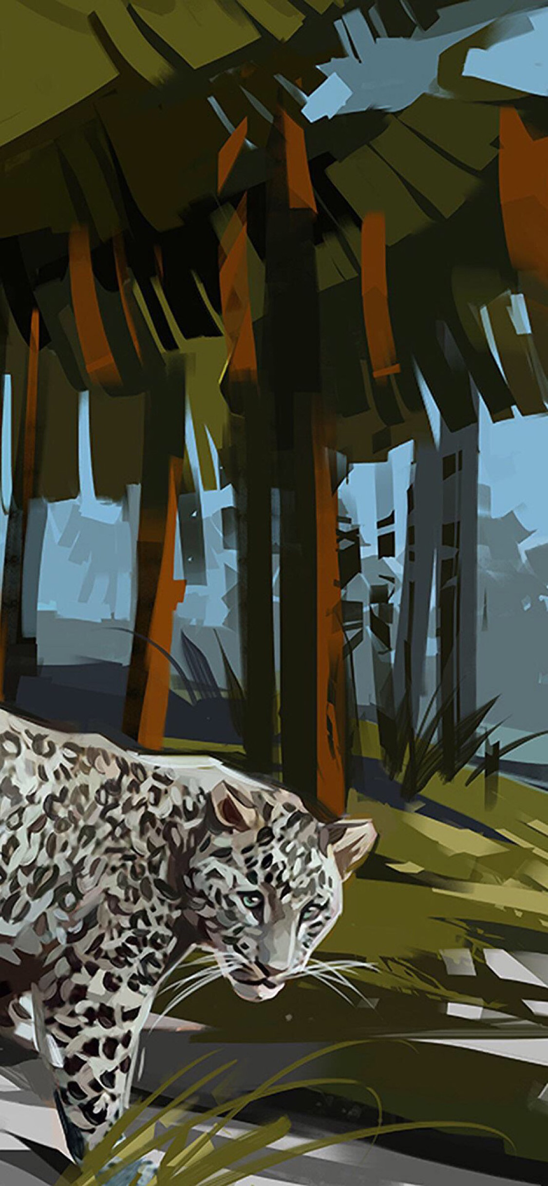 [2436×1125]卡通 插画 丛林 雪豹 苹果手机动漫壁纸图片