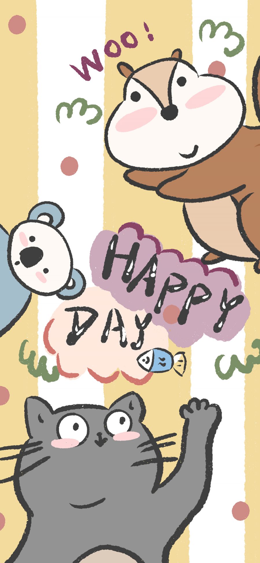 [2436×1125]卡通 松鼠 猫咪 可爱 happy day 苹果手机动漫壁纸图片