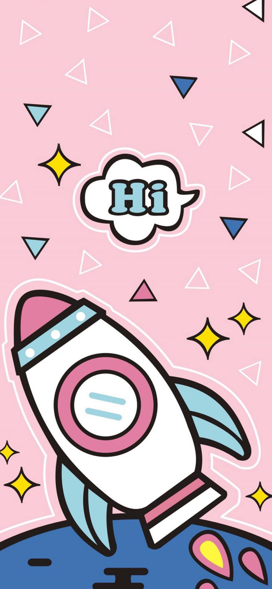 [2436×1125]卡通 火箭 Hi 粉色 星星 苹果手机动漫壁纸图片