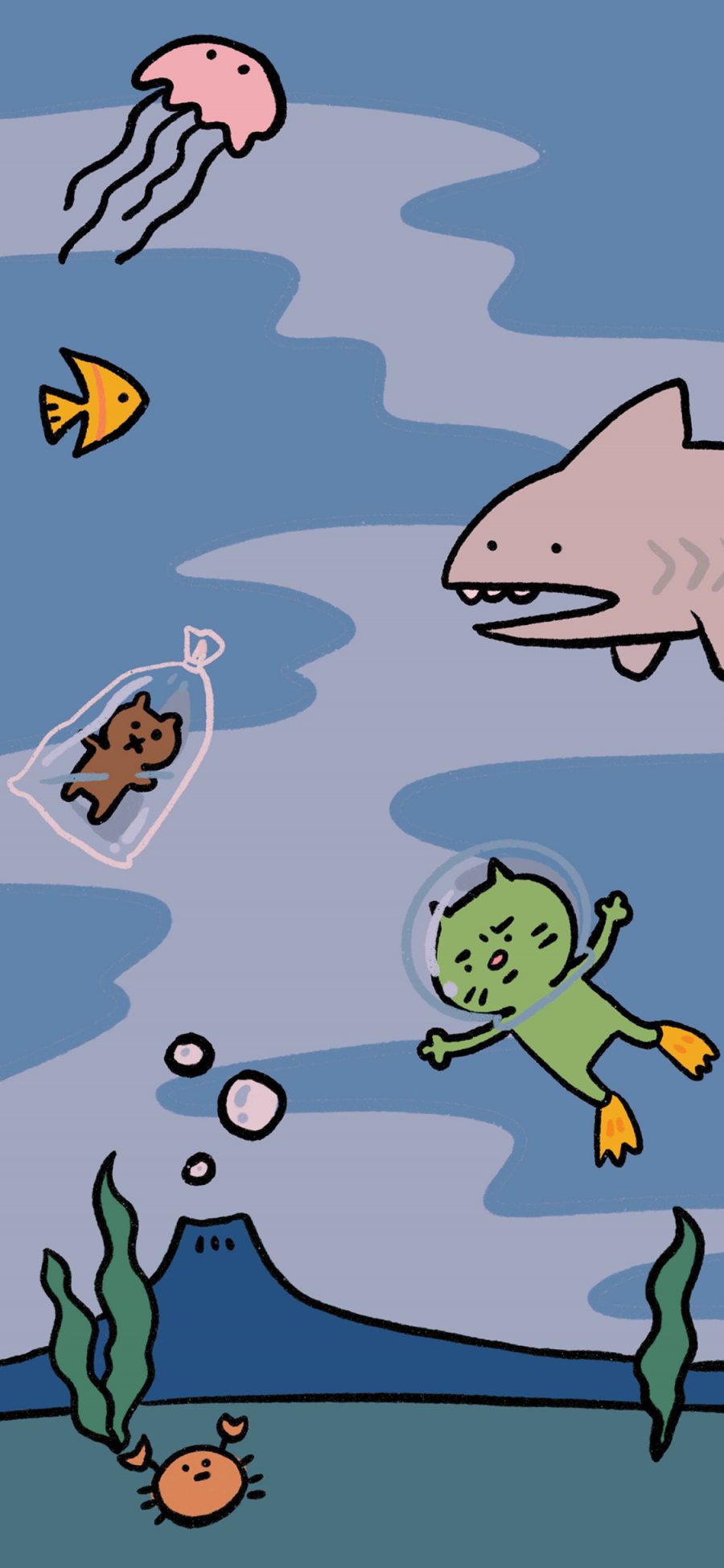 [2436×1125]卡通 焦绿猫 潜水 水母 鲨鱼 苹果手机动漫壁纸图片