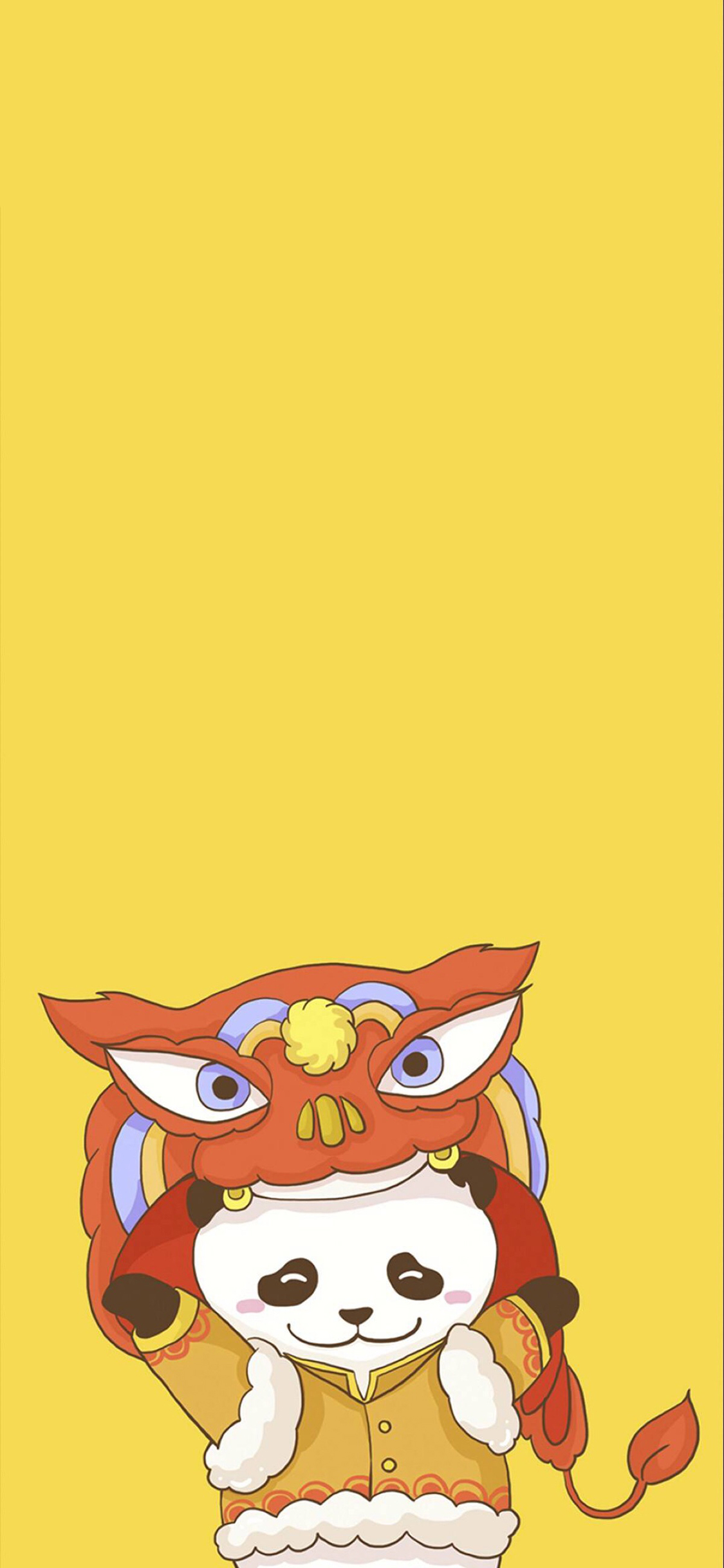 [2436×1125]卡通 熊猫 舞狮 喜庆 苹果手机动漫壁纸图片