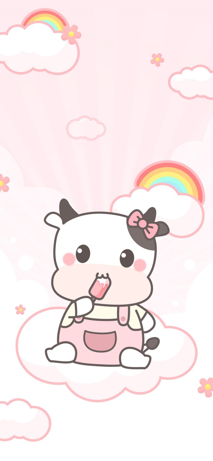 [2436×1125]卡通 牛 粉色系 彩虹 苹果手机动漫壁纸图片