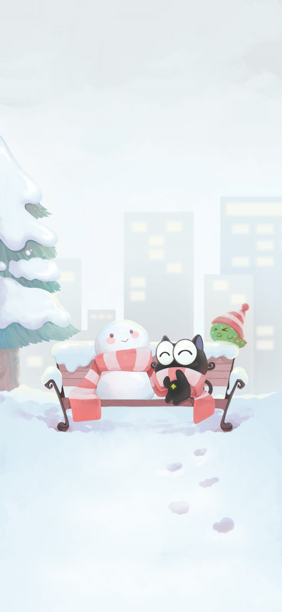 [2436×1125]卡通 猫咪 up喵 雪人 冬季 苹果手机动漫壁纸图片