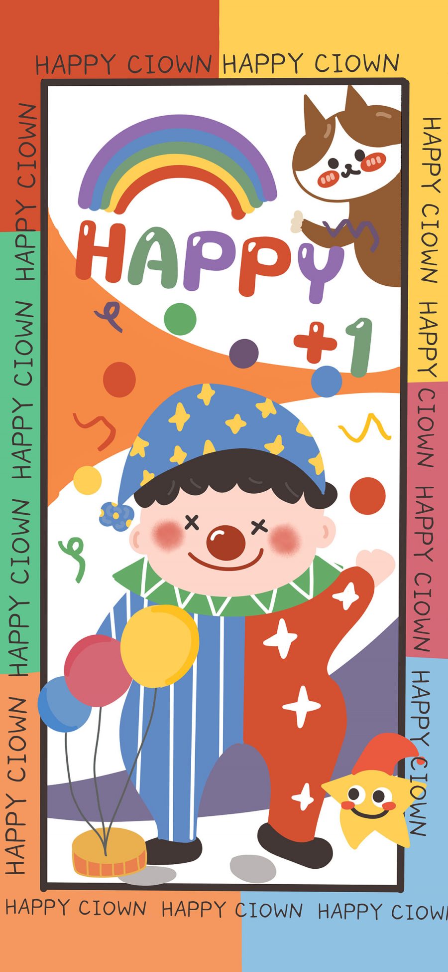 [2436×1125]卡通 猫咪 小丑 彩虹 happy（取自微博：王多鱼耶） 苹果手机动漫壁纸图片