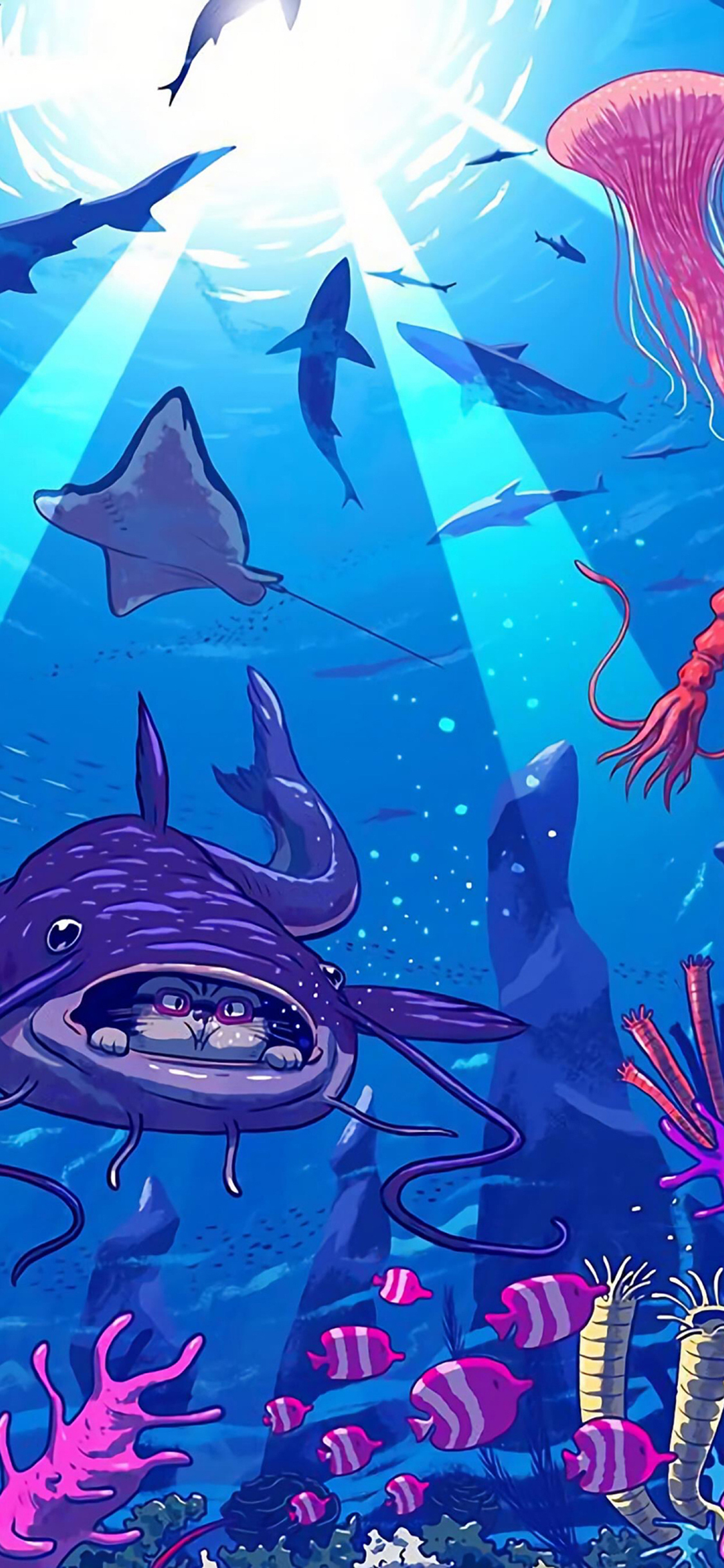 [2436×1125]卡通 猫咪 海洋 鱼群 苹果手机动漫壁纸图片