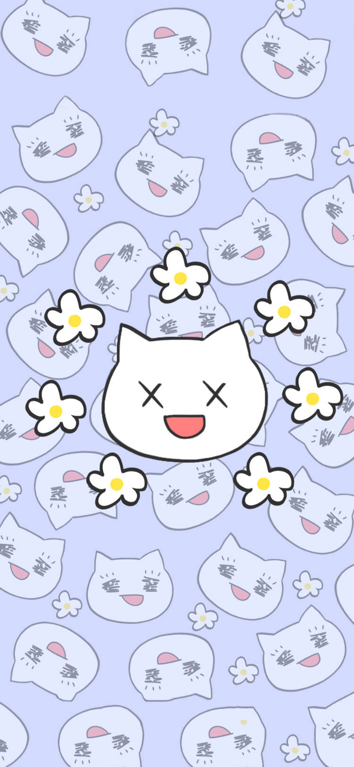 [2436×1125]卡通 猫咪 花朵 平铺 苹果手机动漫壁纸图片