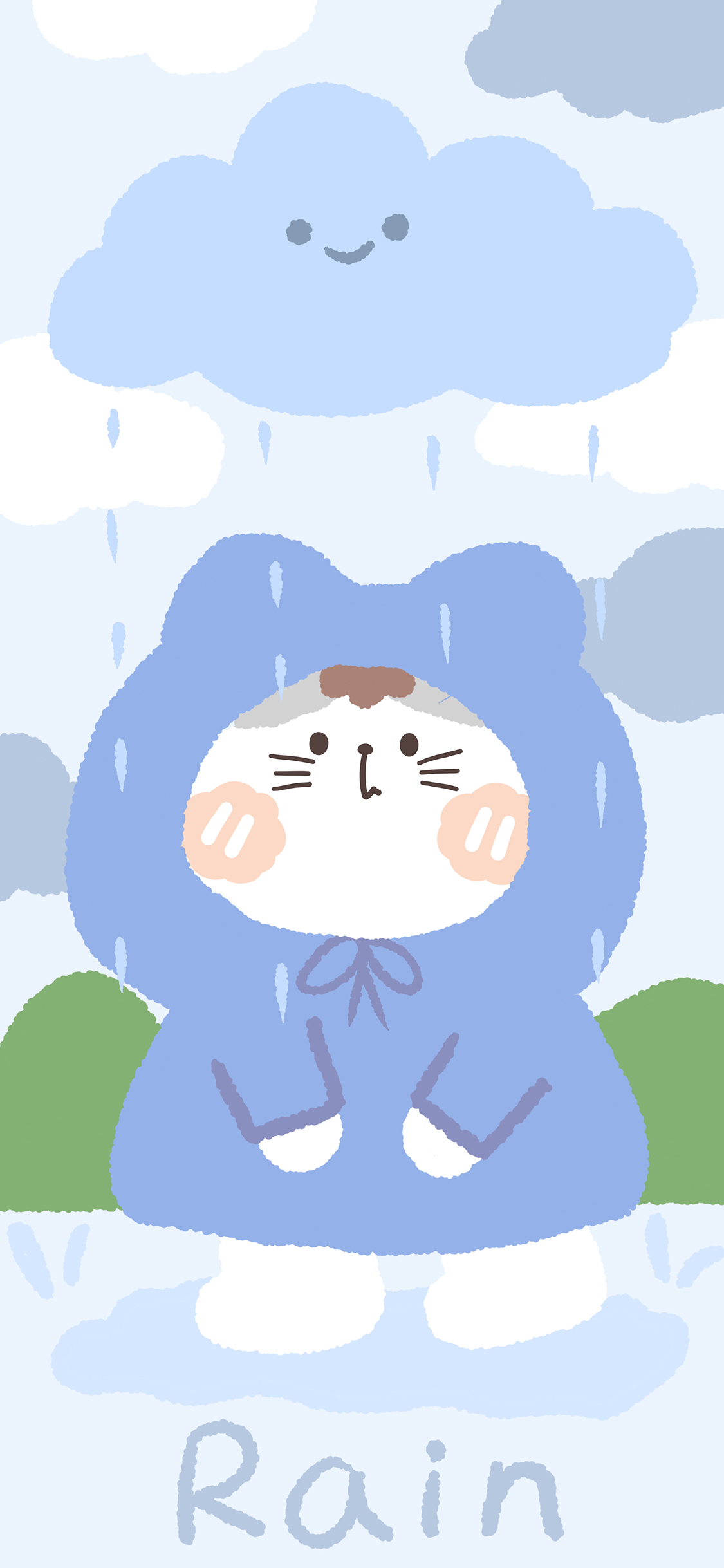 [2436×1125]卡通 猫咪 躲雨 rain 苹果手机动漫壁纸图片