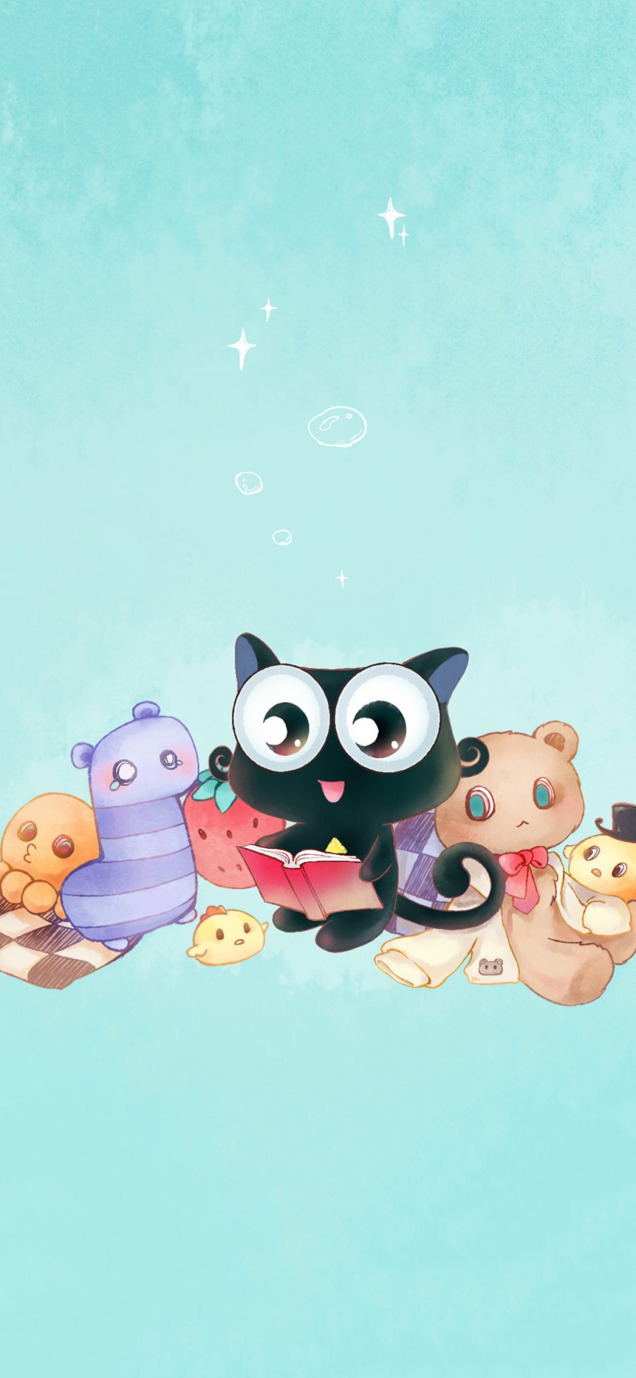 [2436×1125]卡通 猫咪 黑猫 up喵 玩偶 苹果手机动漫壁纸图片