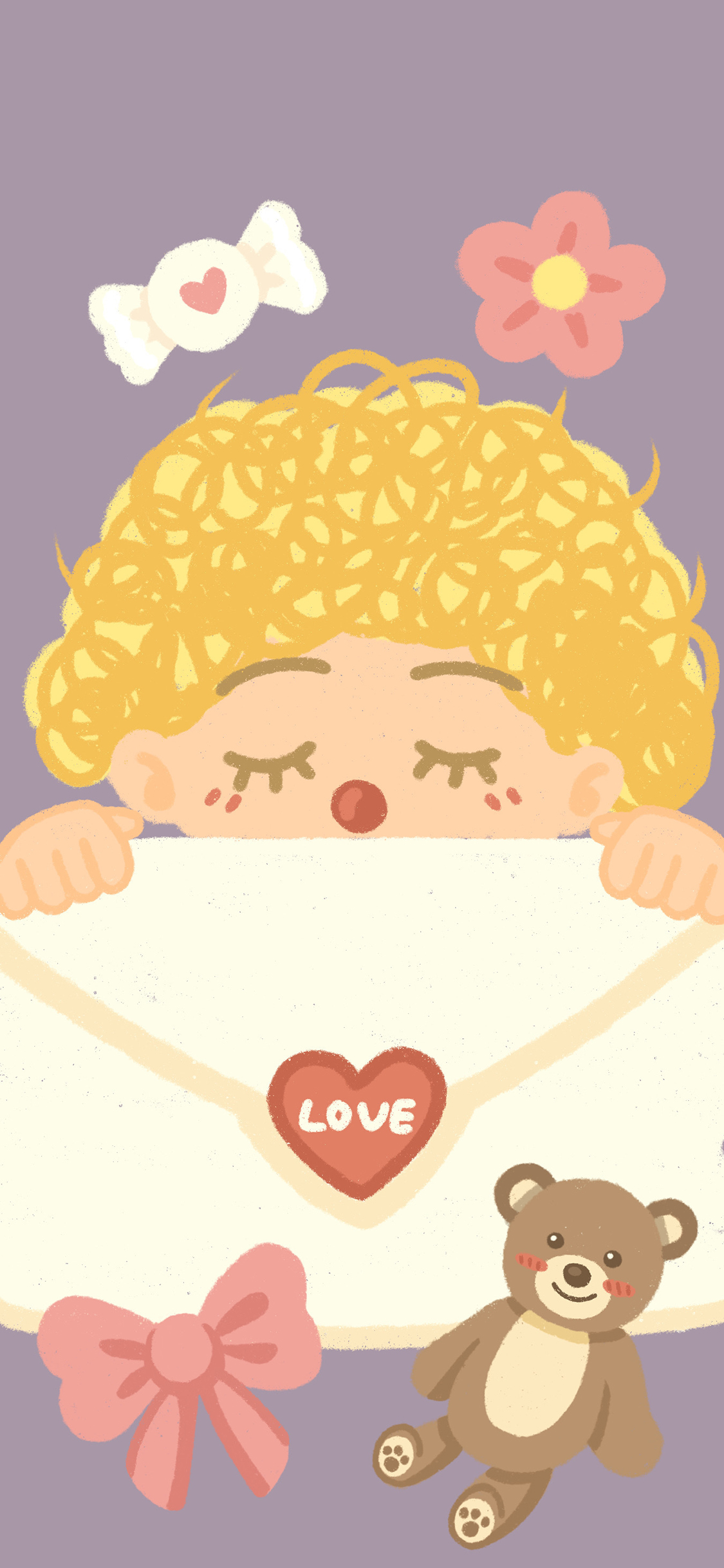 [2436×1125]卡通 男孩 信封 小熊 love 苹果手机动漫壁纸图片