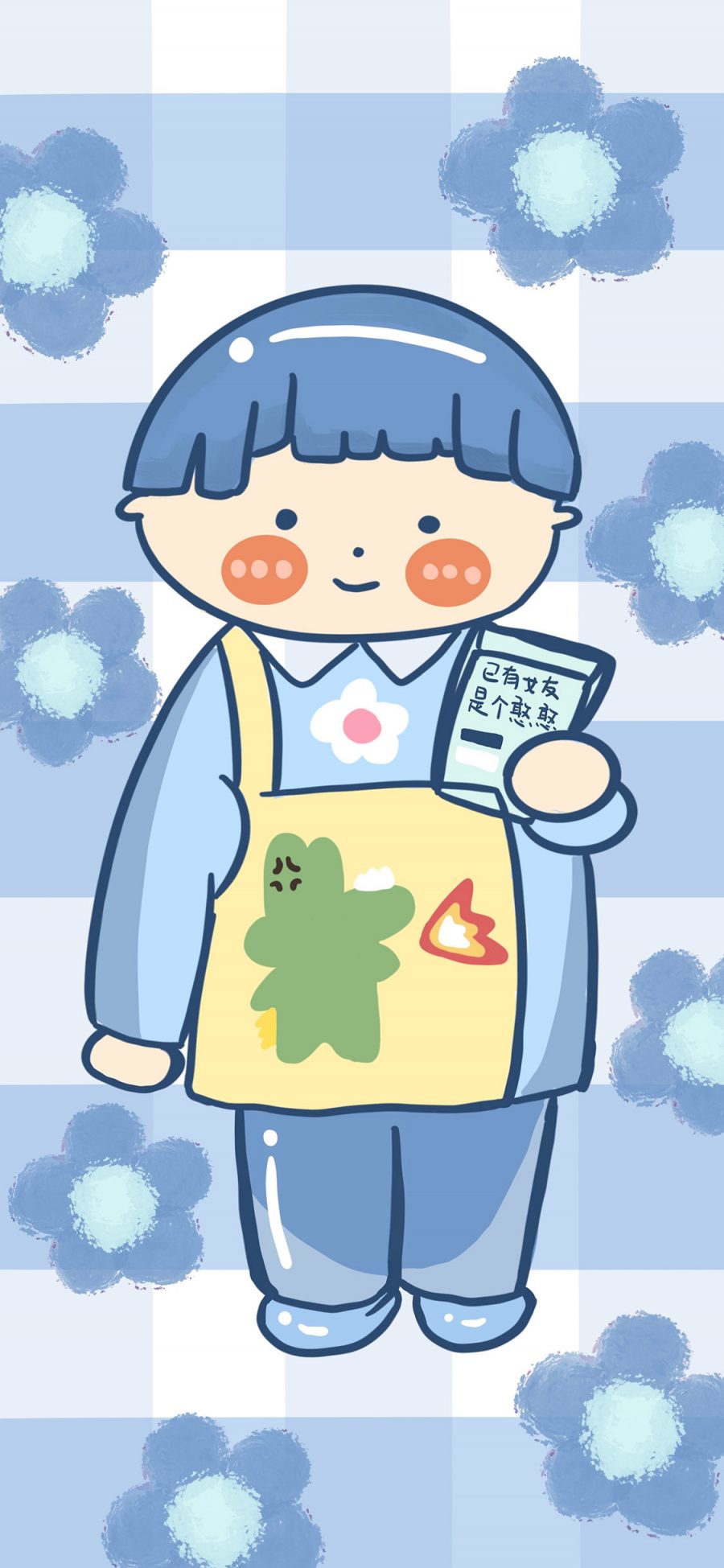 [2436×1125]卡通 男孩 蓝色小花 可爱 苹果手机动漫壁纸图片