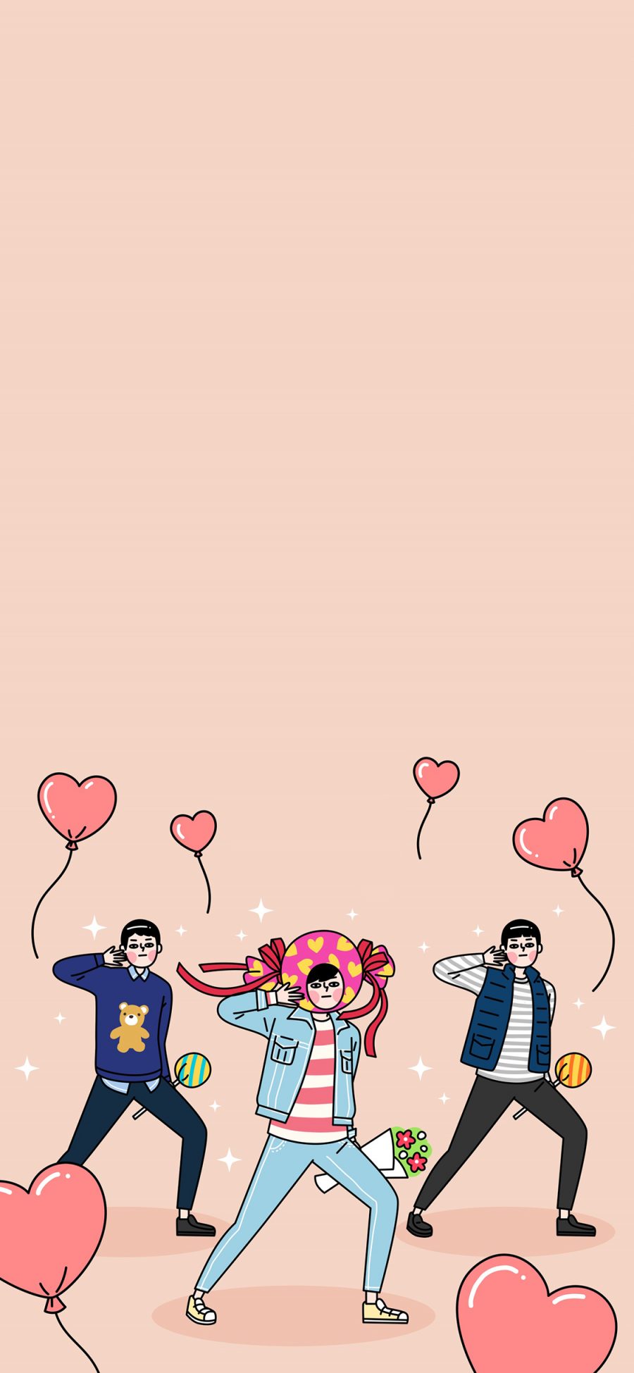 [2436×1125]卡通 男孩 跳舞 爱心气球 苹果手机动漫壁纸图片