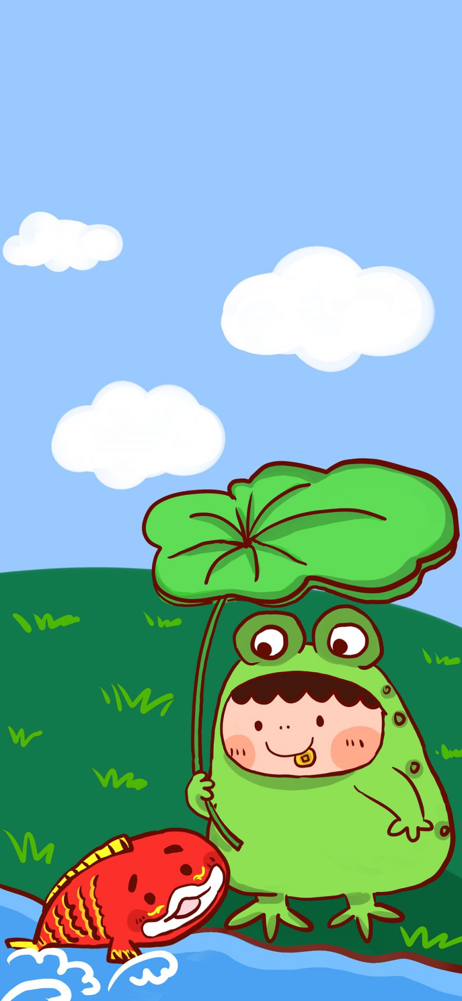 [2436×1125]卡通 胖妞 青蛙 鲤鱼 苹果手机动漫壁纸图片