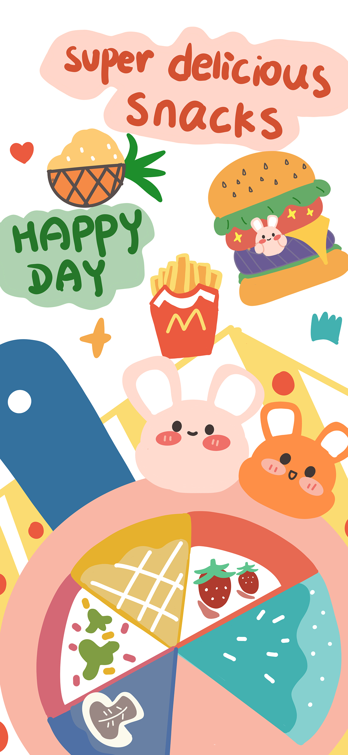 [2436×1125]卡通 色彩 可爱 happyday 汉堡 苹果手机动漫壁纸图片