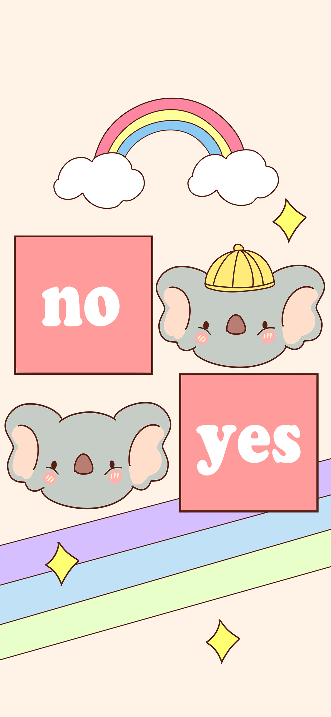 [2436×1125]卡通 色彩 彩虹 小象 no yes 苹果手机动漫壁纸图片