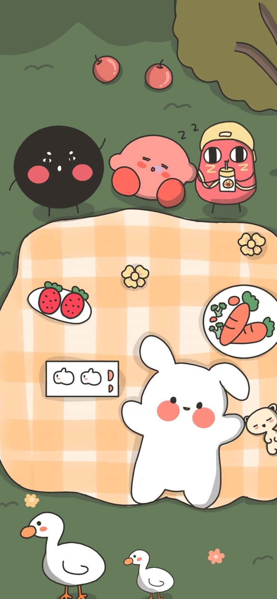 [2436×1125]卡通 萌物 兔子 星之卡比 野餐 苹果手机动漫壁纸图片