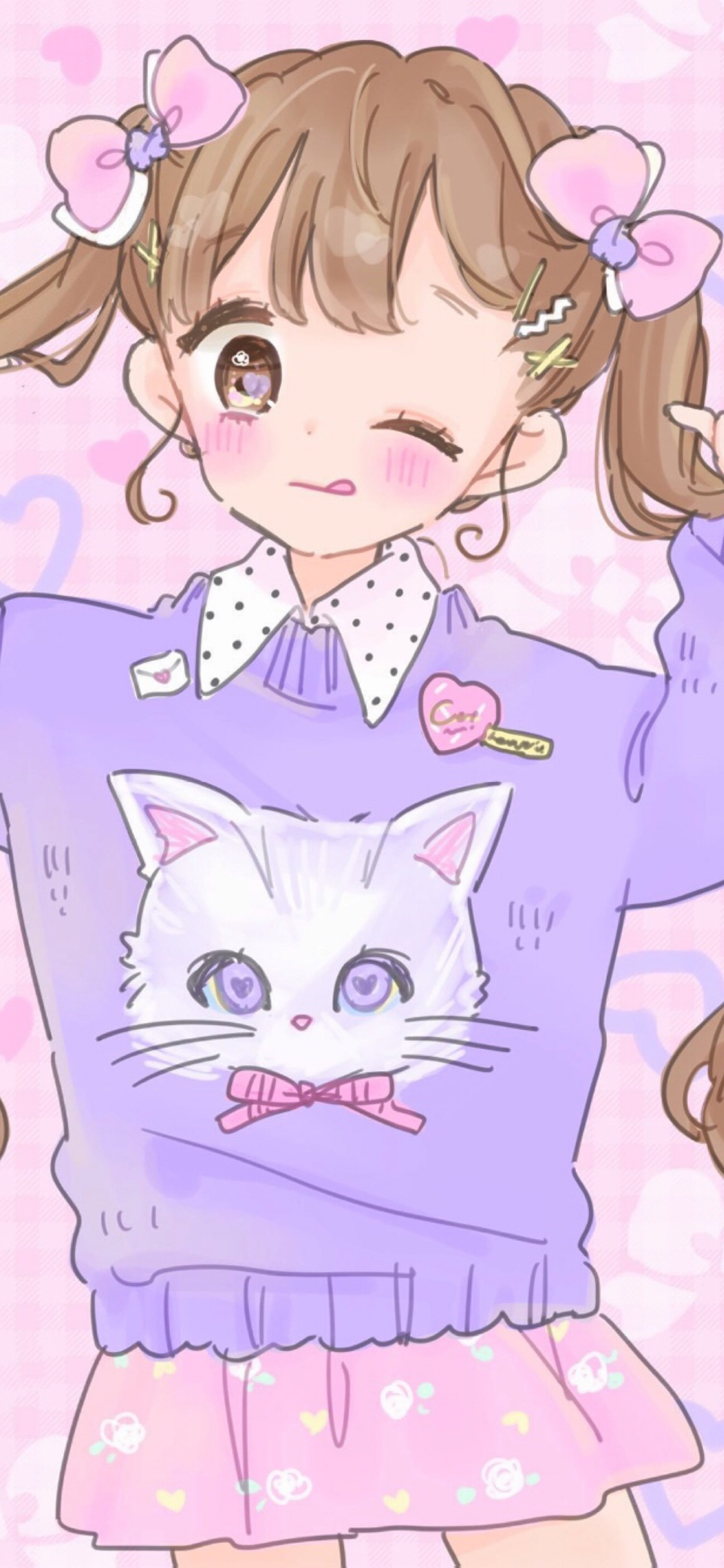 [2436×1125]卡通 萝莉 猫咪 可爱 苹果手机动漫壁纸图片