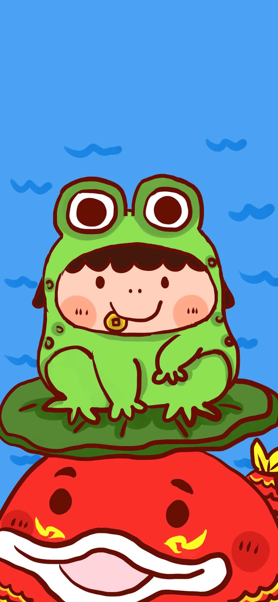 [2436×1125]卡通 锦鲤 胖妞 青蛙套装 苹果手机动漫壁纸图片