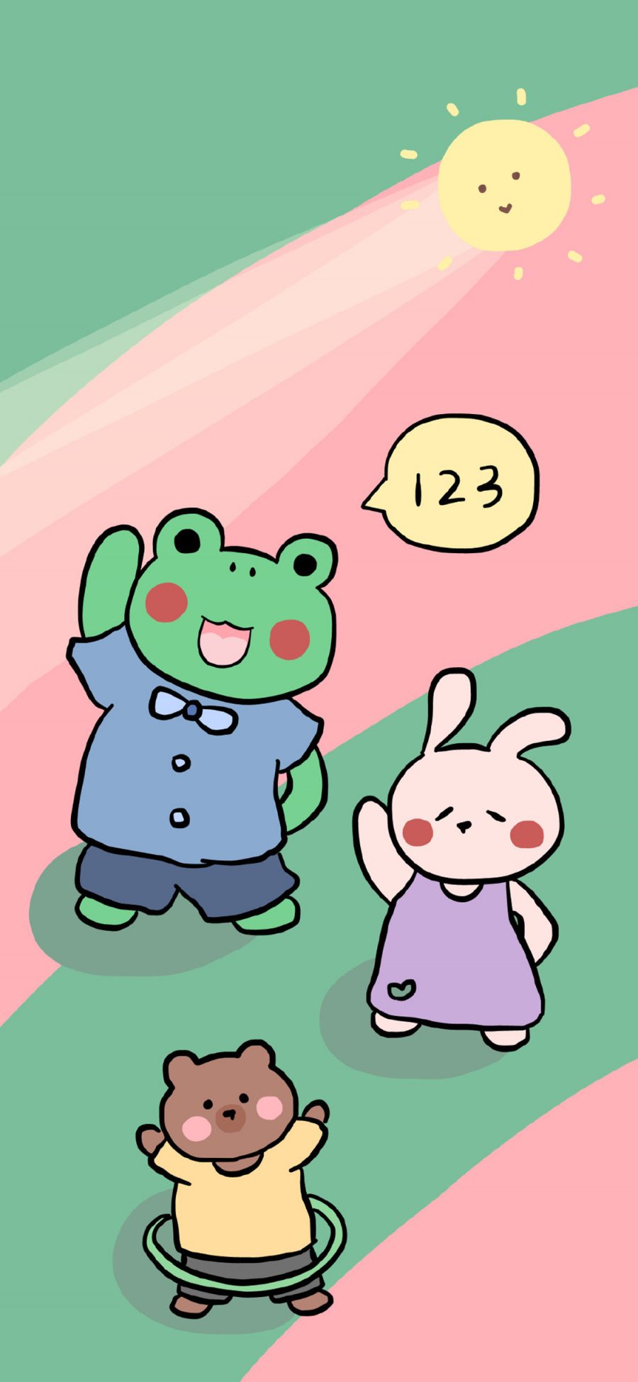 [2436×1125]卡通 青蛙 兔子 小熊（取自微博“软绵绵猪） 苹果手机动漫壁纸图片