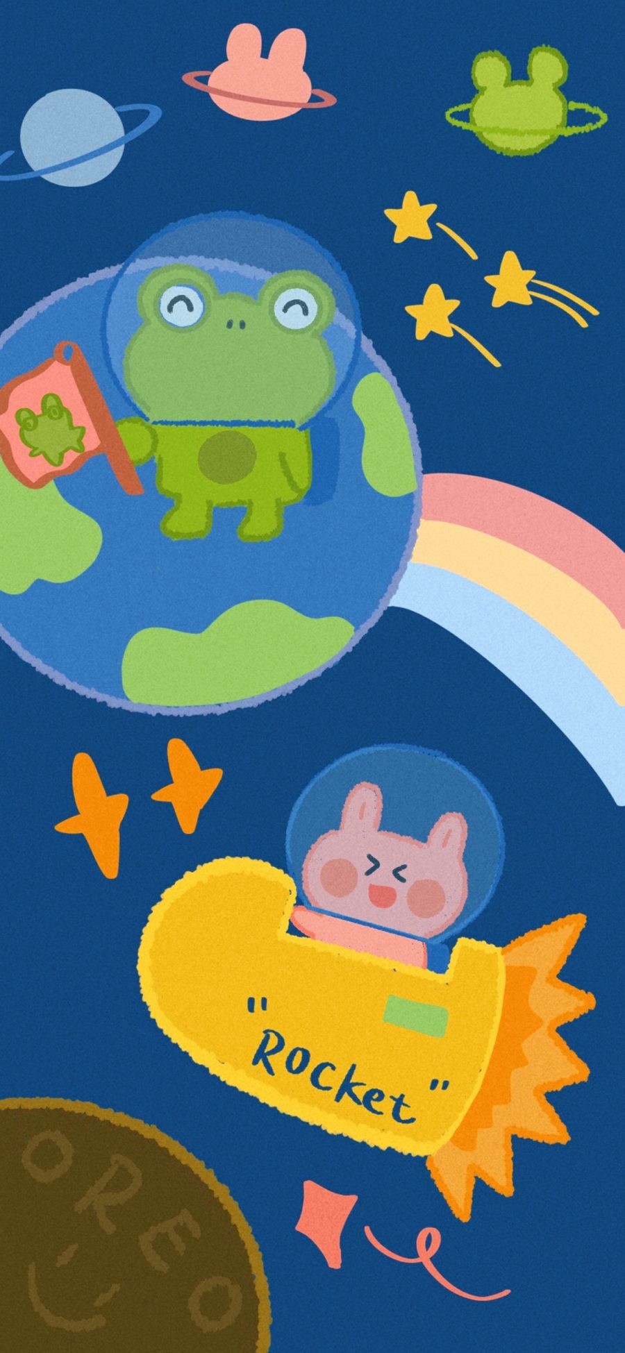 [2436×1125]卡通 青蛙 兔子 火箭 （取自微博：碗叮当） 苹果手机动漫壁纸图片