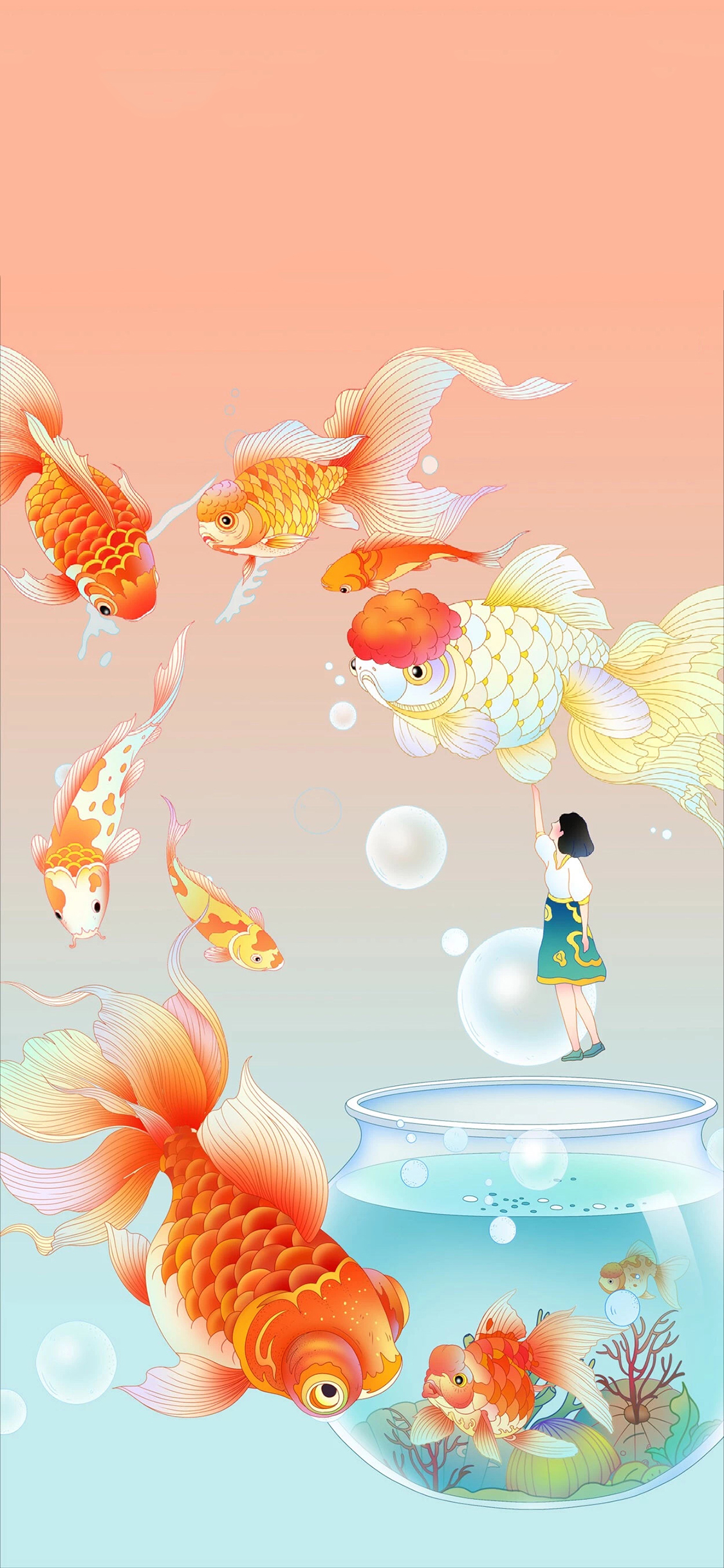 [2436×1125]卡通 鱼缸 女孩 金鱼 苹果手机动漫壁纸图片