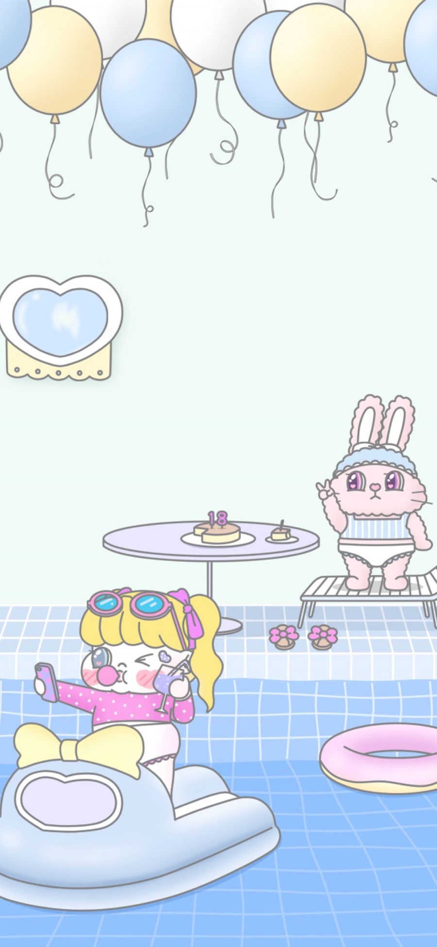 [2436×1125]卡通插图 女孩 泳池 兔子 可爱 苹果手机动漫壁纸图片