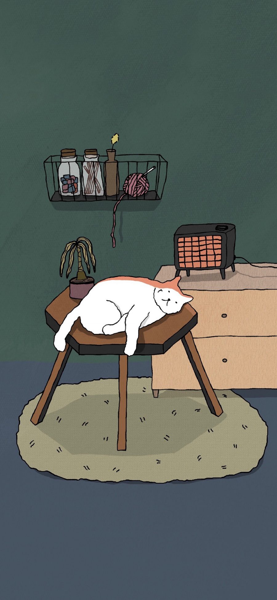 [2436×1125]卡通猫咪 烤箱 盆栽 地毯 苹果手机动漫壁纸图片