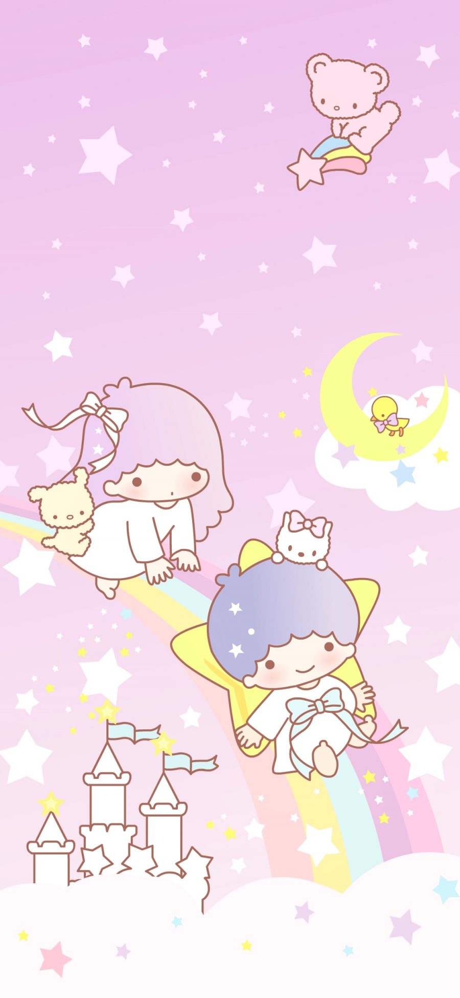 [2436×1125]双子星 卡通 粉色 彩虹 城堡 星星 苹果手机动漫壁纸图片