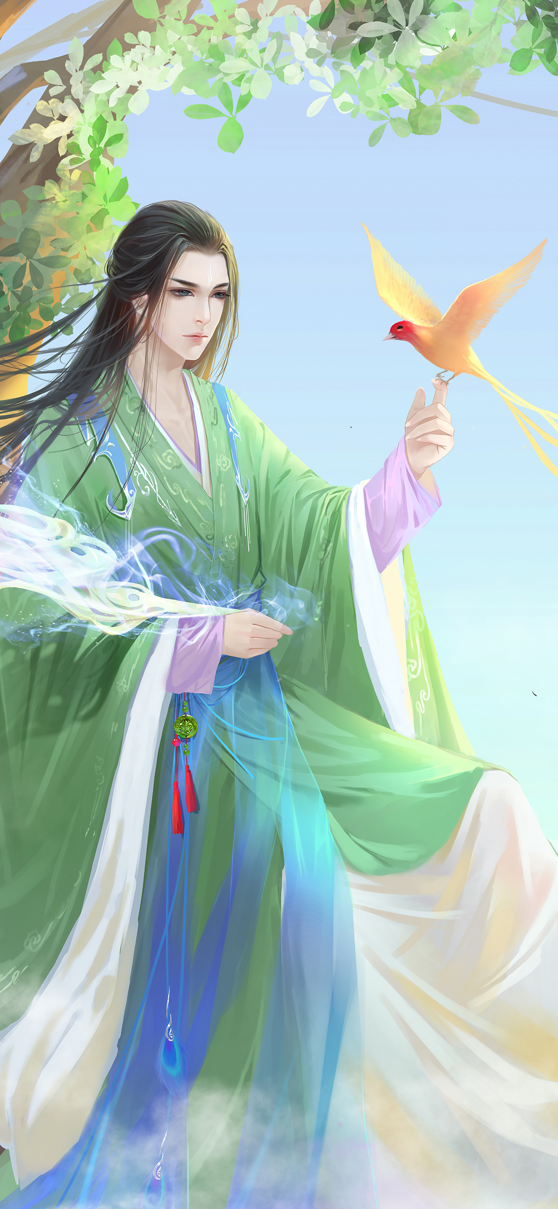[2436×1125]古风 美男 绿色系 飞鸟 作者：淑湘婷 苹果手机动漫壁纸图片