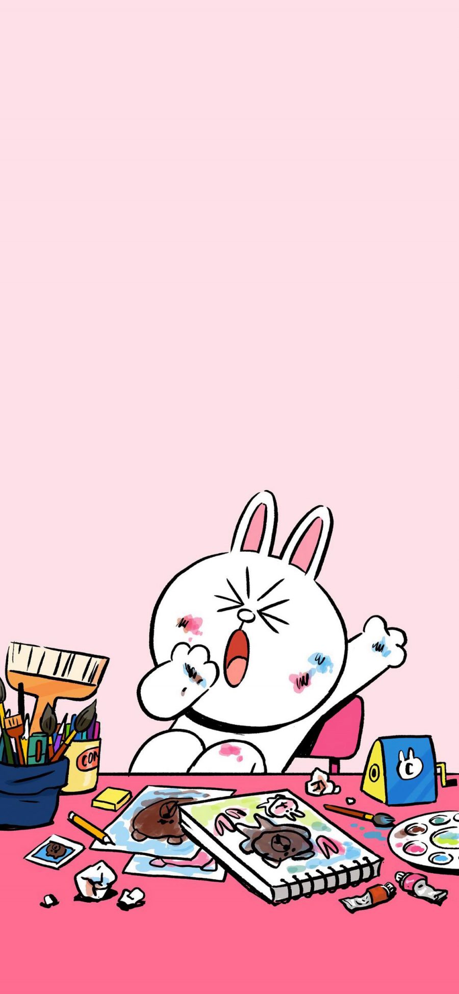 [2436×1125]可妮兔 linefriends 画画 粉色 可爱 卡通 苹果手机动漫壁纸图片