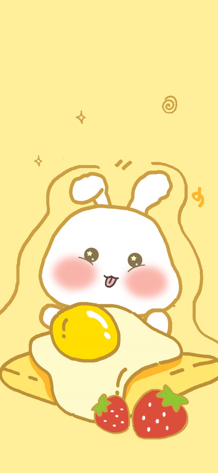 [2436×1125]可爱 兔子 鸡蛋 草莓 卡通 黄 苹果手机动漫壁纸图片
