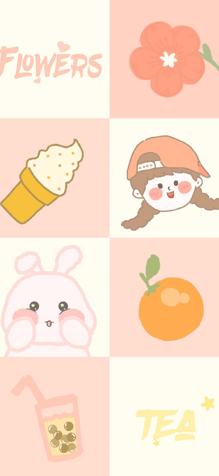 [2436×1125]可爱 卡通 冰淇淋 格子 橘子 苹果手机动漫壁纸图片