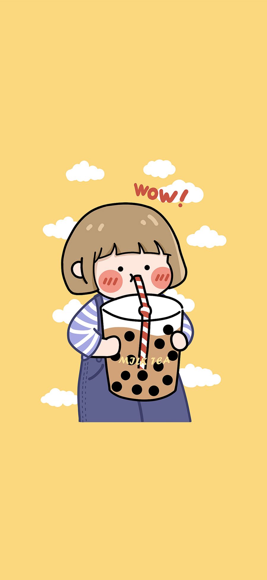 [2436×1125]可爱 女孩 wow milk tea 卡通 喝奶茶 苹果手机动漫壁纸图片