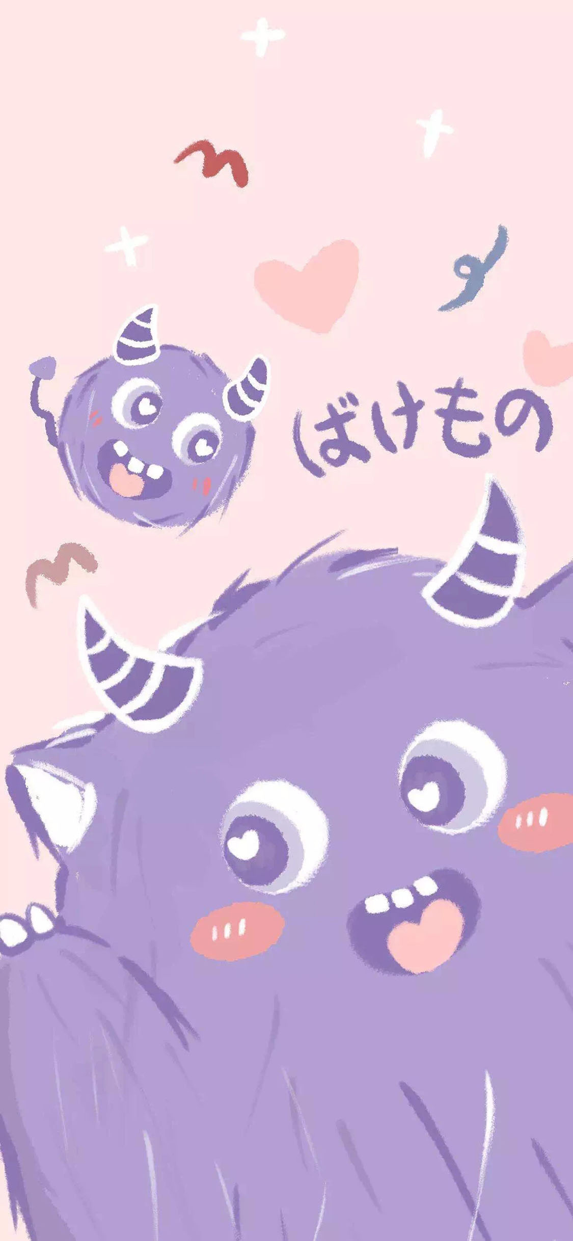 [2436×1125]可爱 小怪兽 爱心 卡通 苹果手机动漫壁纸图片