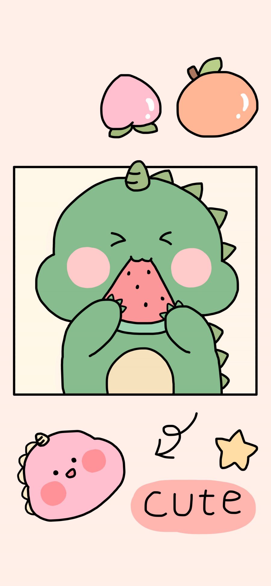 [2436×1125]可爱 小恐龙 cute 西瓜 苹果手机动漫壁纸图片