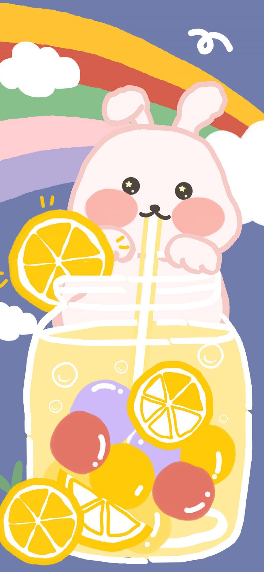 [2436×1125]可爱 果汁 卡通 柠檬 兔子 色彩 苹果手机动漫壁纸图片