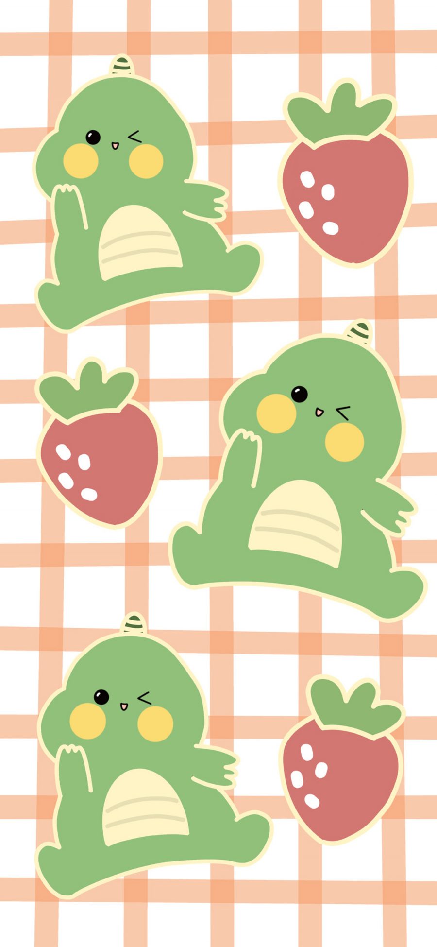 [2436×1125]可爱 草莓 平铺 小恐龙 苹果手机动漫壁纸图片