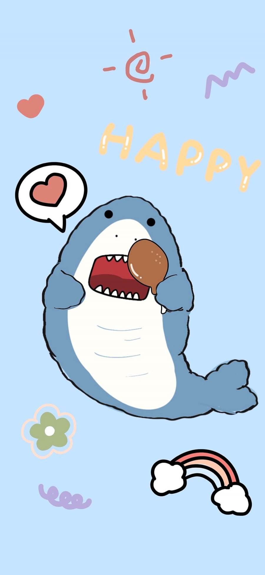 [2436×1125]可爱 蓝 happy 爱心 小鲨鱼 苹果手机动漫壁纸图片