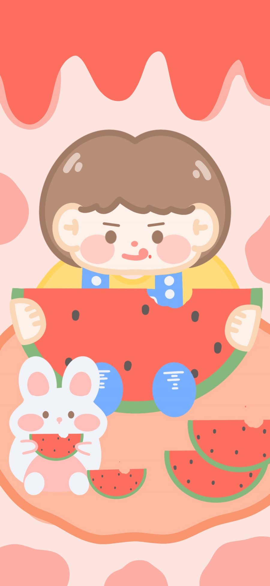 [2436×1125]吃瓜 卡通 可爱 兔子 苹果手机动漫壁纸图片