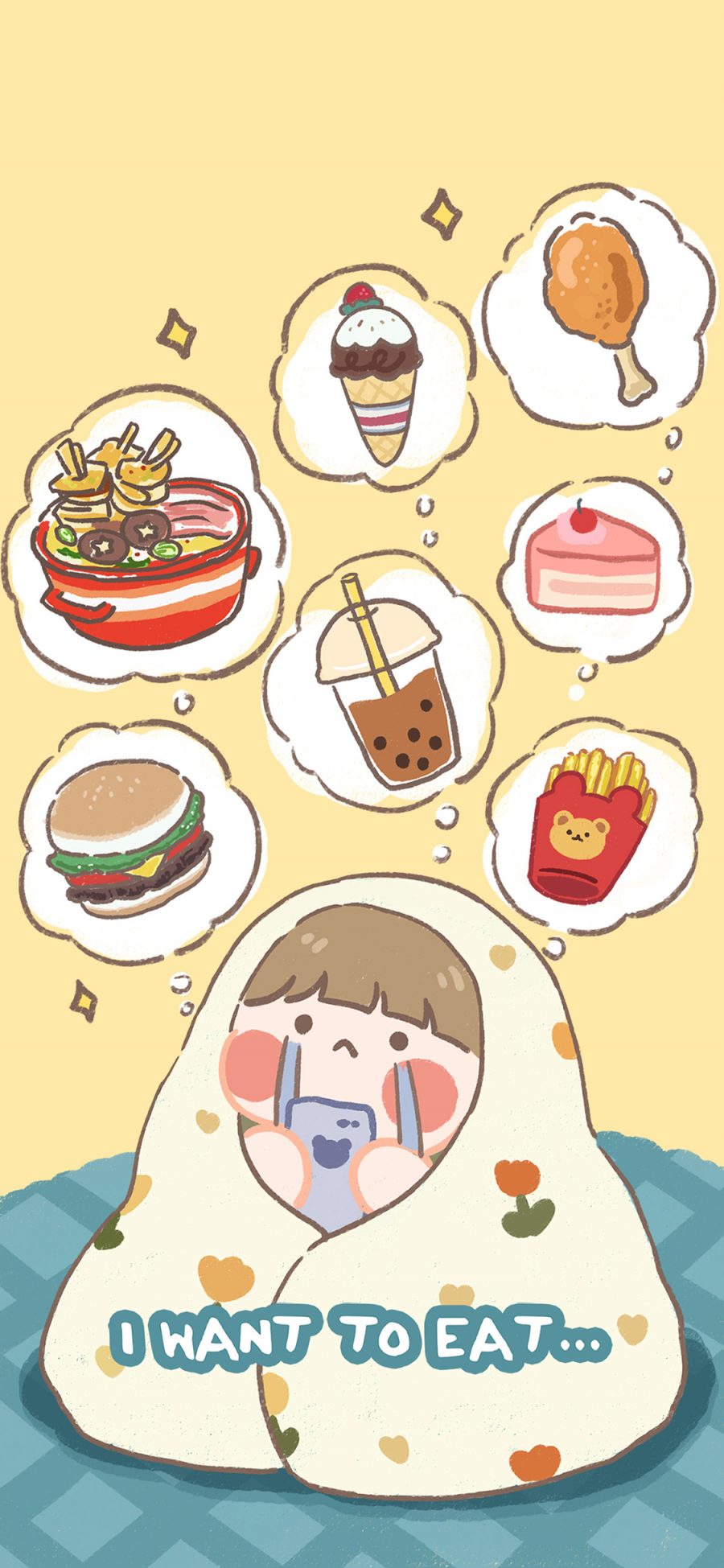 [2436×1125]吃货 卡通 我想吃 I want to eat 苹果手机动漫壁纸图片