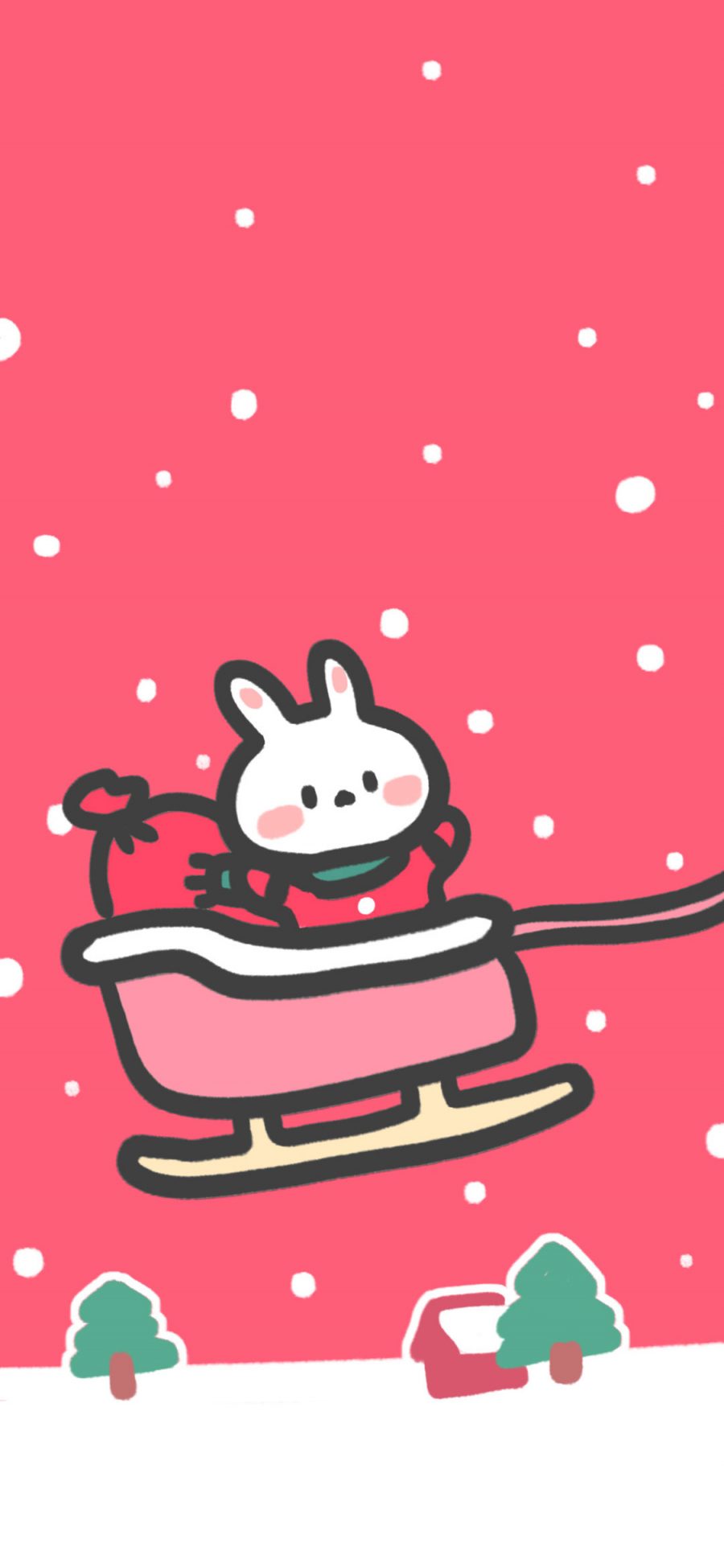 [2436×1125]圣诞节 卡通 兔兔 雪橇车（取自微博：安心队长） 苹果手机动漫壁纸图片
