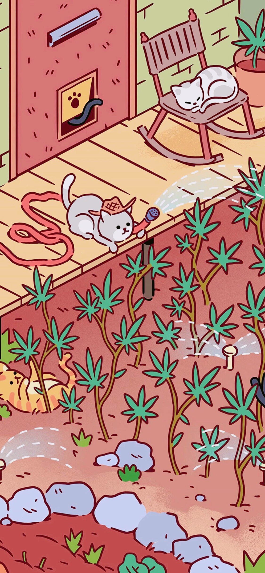 [2436×1125]场景 卡通猫咪 浇水 苹果手机动漫壁纸图片