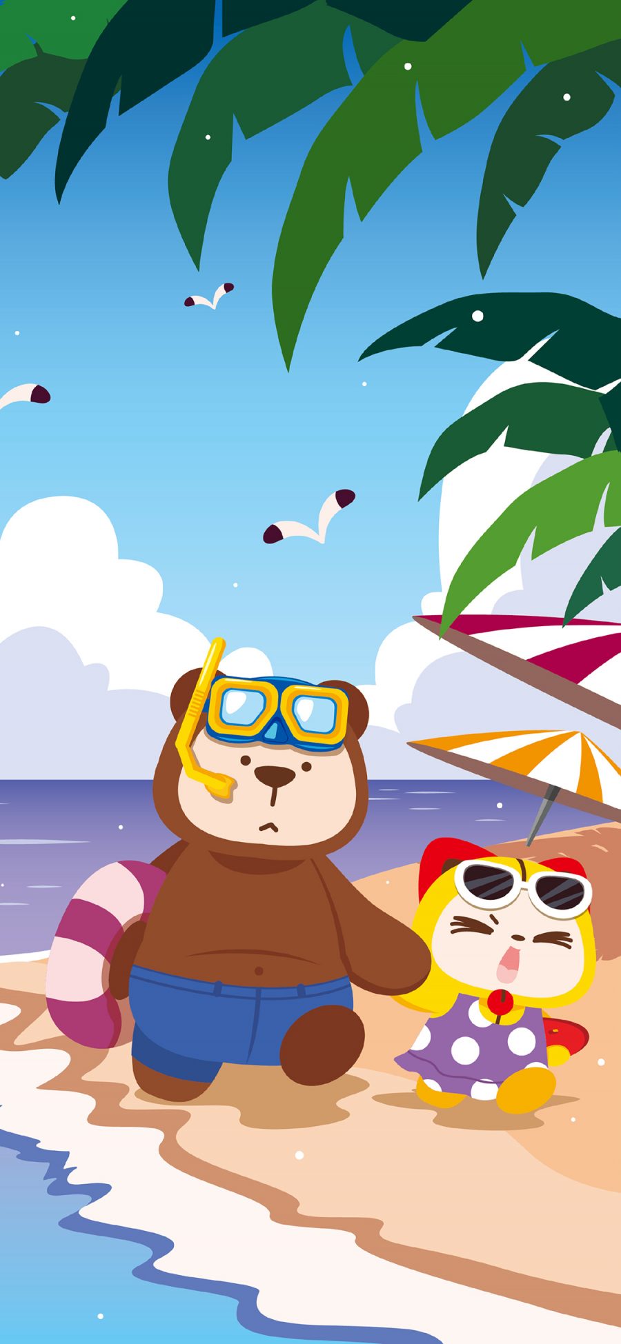 [2436×1125]夏日 夏萌猫 海滩 沙滩 度假 苹果手机动漫壁纸图片