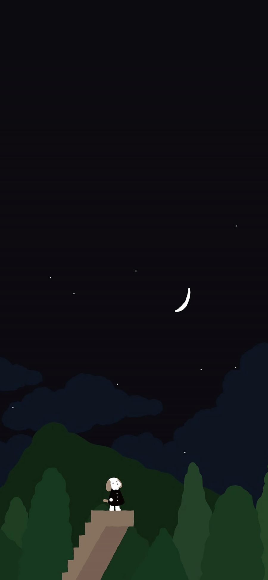 [2436×1125]夜晚 月亮 星空 狗 树木 苹果手机动漫壁纸图片